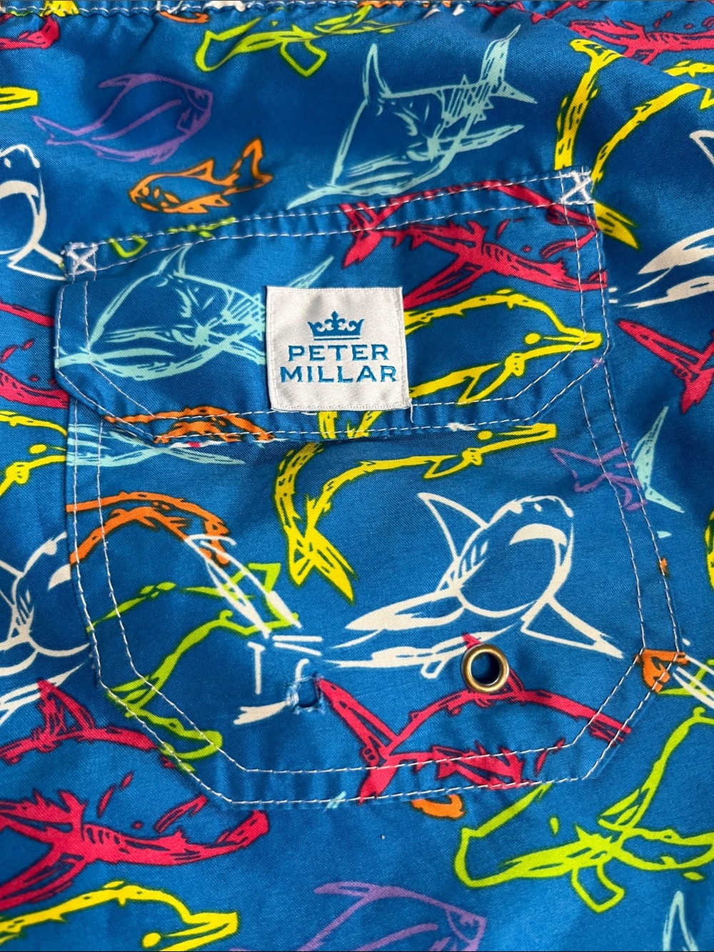 Peter Millar Blue Shark Print Swim Trunks Men's XXL Drawstring Shorts